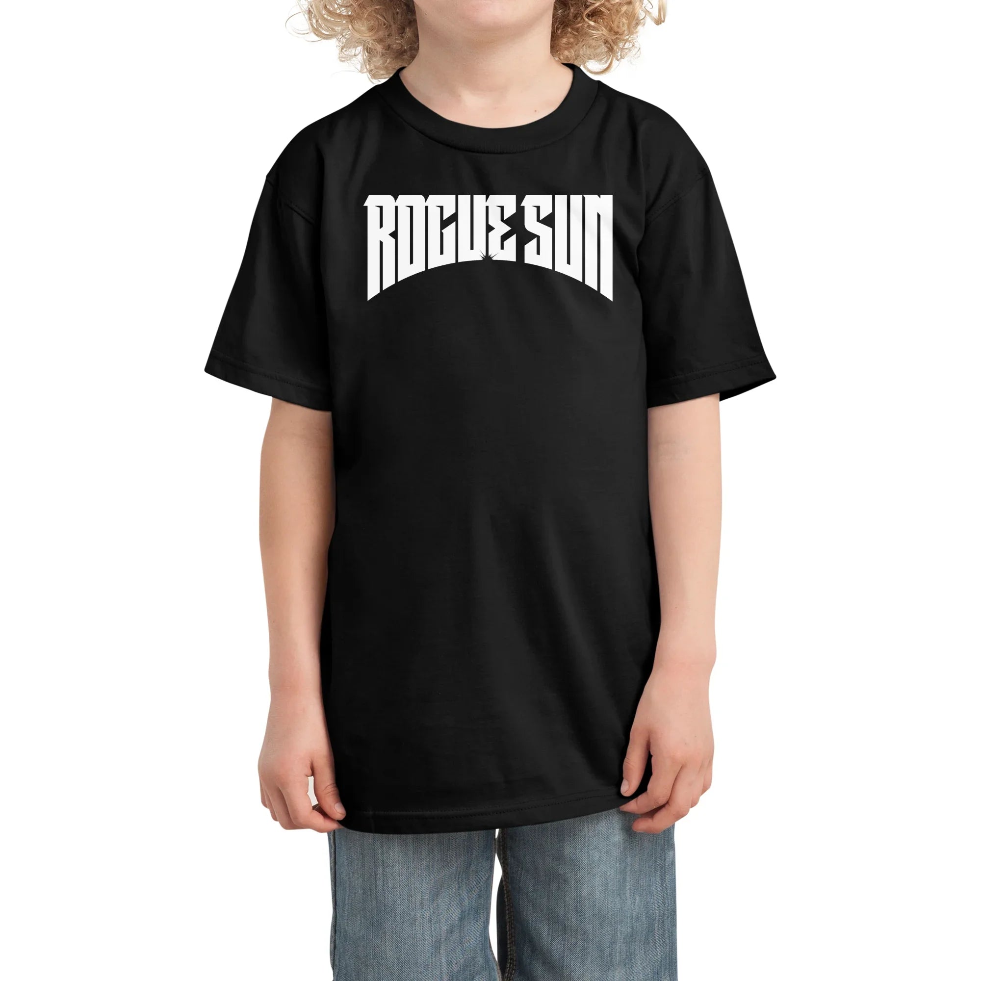 Rogue Sun Logo (White) — Kids T Shirt